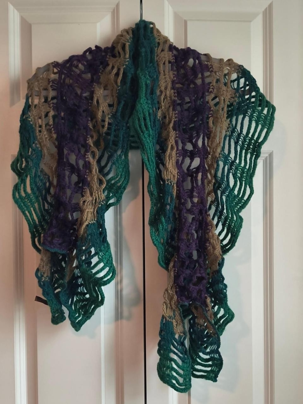 Handcrafted Open-Knit Scarf in Teal, Purple & Tan